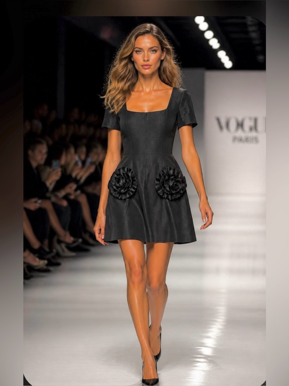 Rickie Freeman for TJ nites Black Short-Sleeve Mini Dress with Rosette Pockets